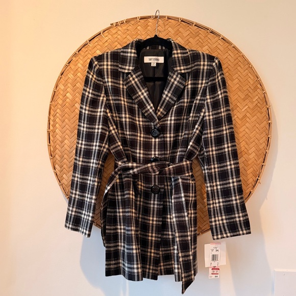 LE SUIT TRENCH-STYLE ELONGATED BELTED 90’S B&W PLAID JACKET SHOULDER PADS LINED - Picture 5 of 16